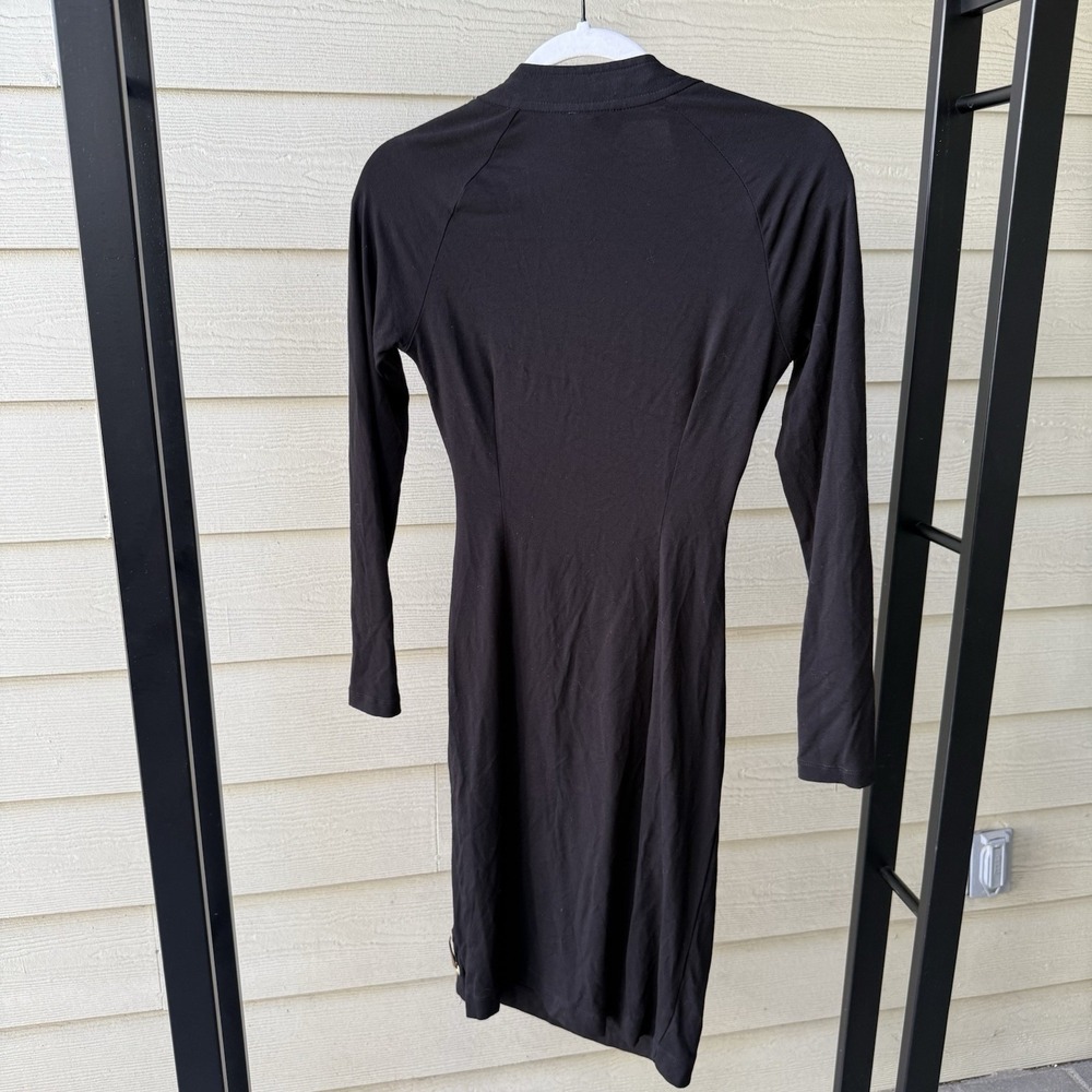 Carmen Marc Valvo Black Ruched Mock Wrap Dress Small Leather Detail LBD Cocktail - Picture 5 of 7